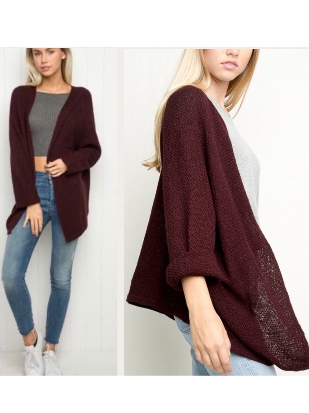 Brandy Melville Caroline Cardigan Chunky Waffle Knit Plum Burgundy Oversized OS